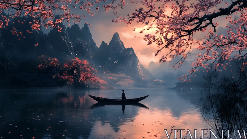 Rowboat under cherry branches on reflective mountain lake.
