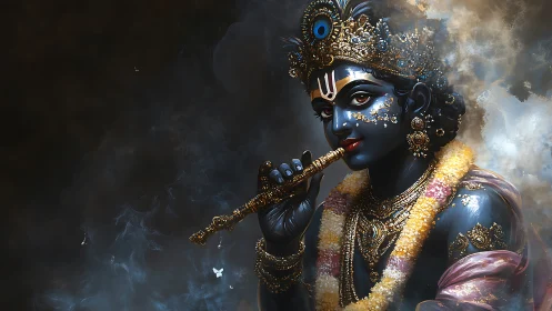 Blue skinned deity with flute in ornate golden attire.