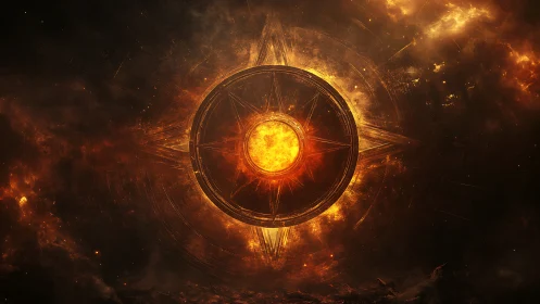 Fiery cosmic sigil encircling blazing solar core in void.
