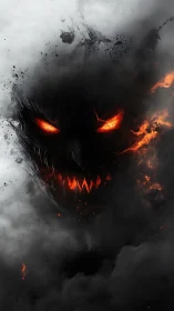 Demonic smoke face emerges from burning darkness with fire