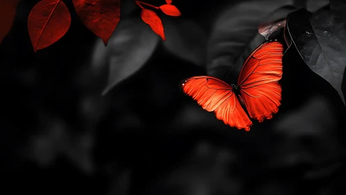 Scarlet butterfly poised on monochrome foliage in selective color.