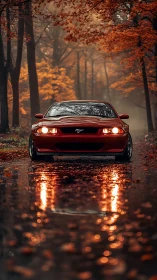 Autumn road glow with a red car and golden forest reflections.