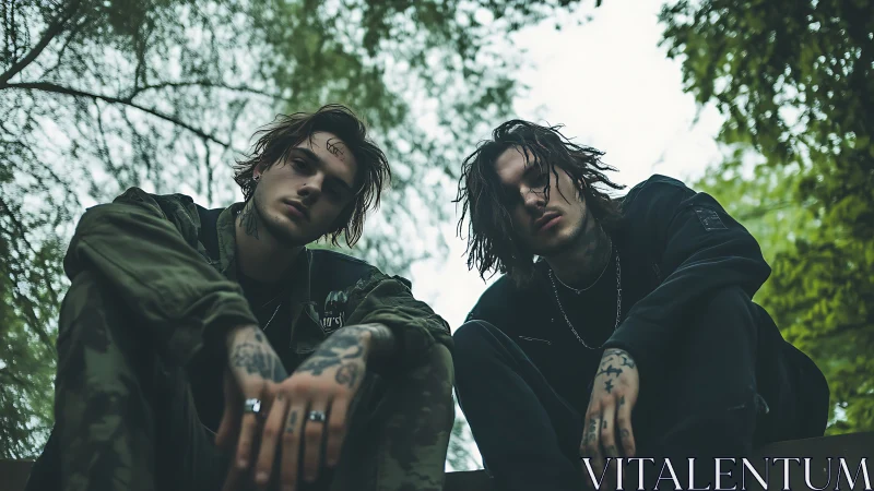 Two tattooed young men in streetwear sitting outdoors.