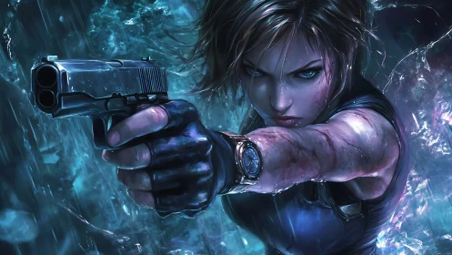Battle-hardened heroine aiming pistol in neon rainstorm.