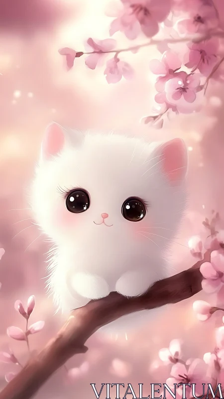 Anime pastel kitten on sakura branch, soft-focus composition.