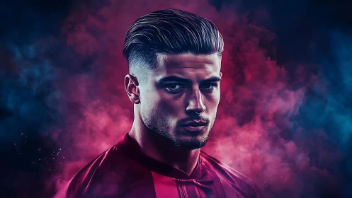 Male portrait in colored smoke with sports jersey focus.