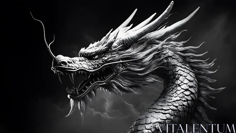 Silver dragon head rendered in high contrast monochrome