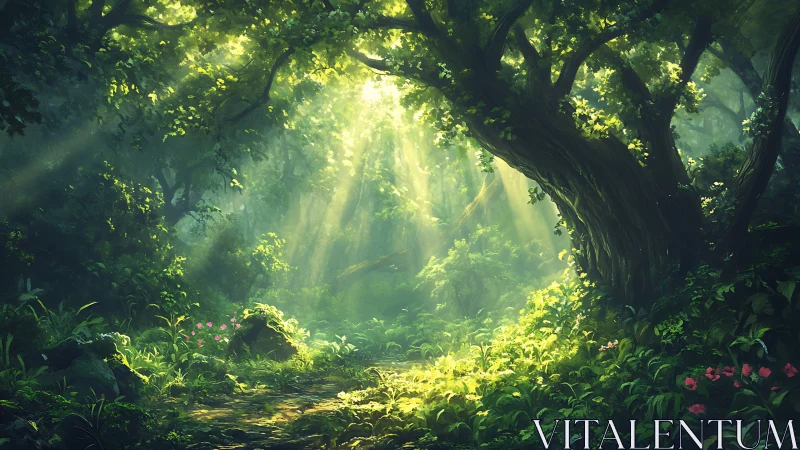 Forest cavern with radiant light penetration and vegetation.