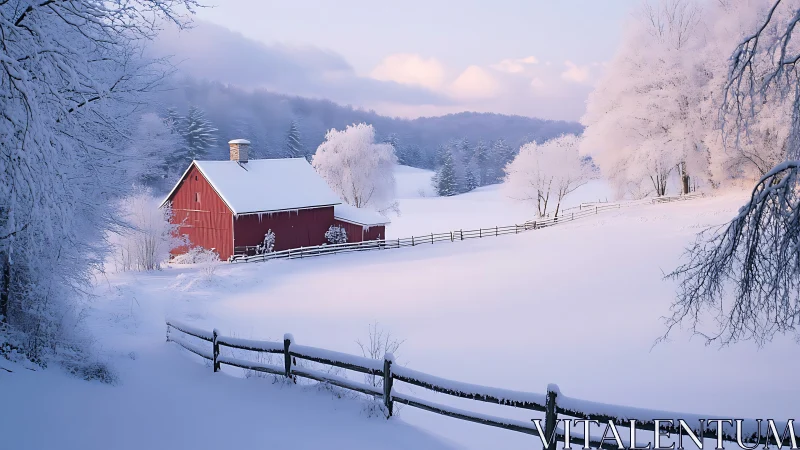 Red barn in frosted rural valley under pastel winter light.