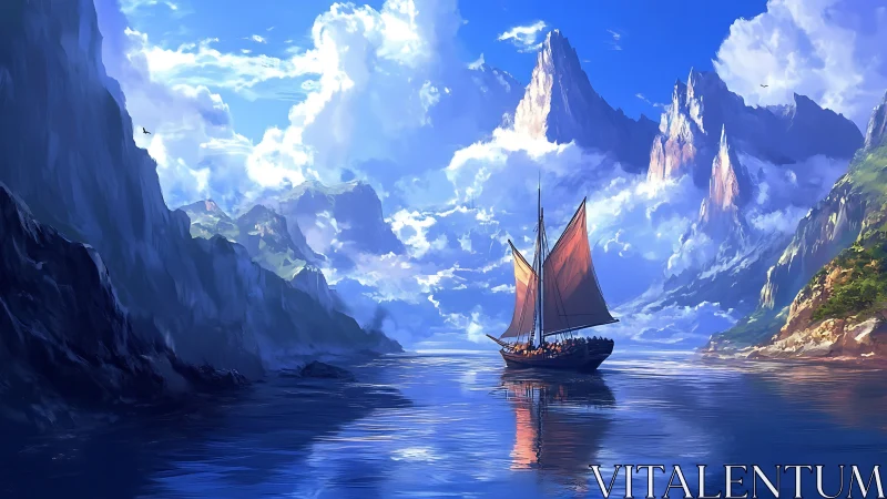 Sailing ship crosses tranquil fjord beneath towering peaks