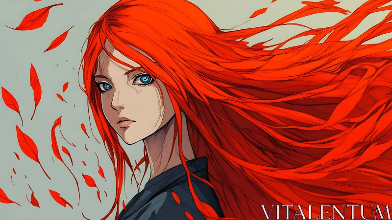 Fiery red haired heroine in dynamic wind swept portrait.