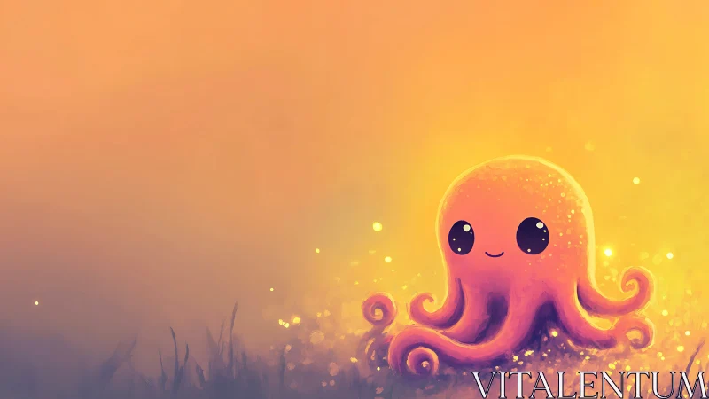 Glowing pastel octopus under warm golden dusk light.