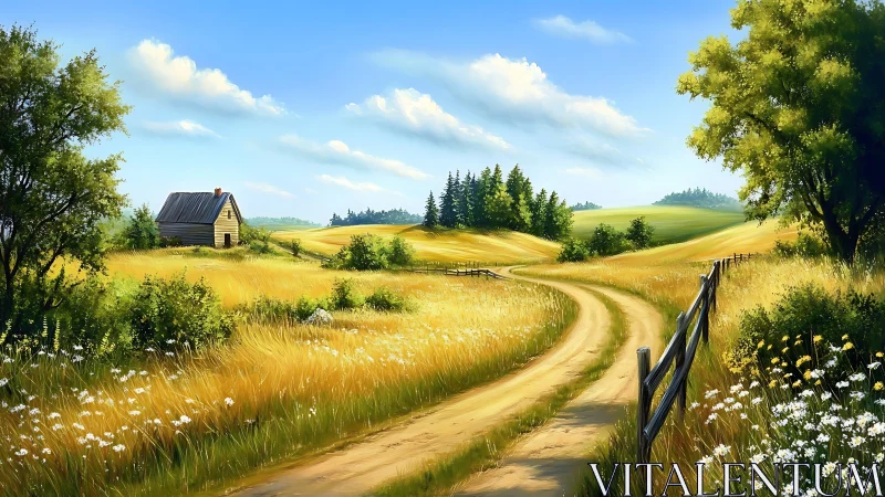 Curving dirt road crosses sunlit wheat fields under stratified clouds