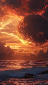 Glowing alien moon rising over a fiery, dreamlike ocean.
