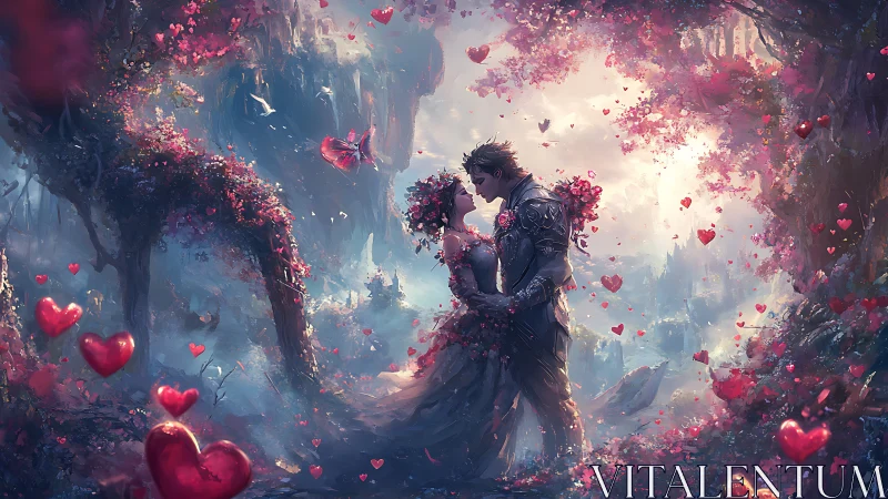 Enchanted Romance: Fantasy Couple Amid Floating Hearts and Blooms.