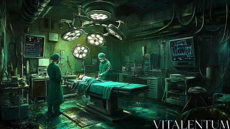 Shadowy cyberpunk surgery room glowing with tense focus.