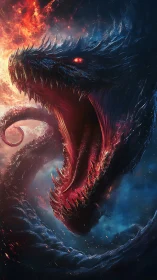 Infernal serpentine dragon emerging through fire and deep void