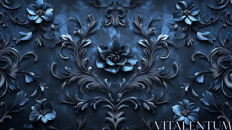 Ornate blue floral relief fills dark textured decorative wall