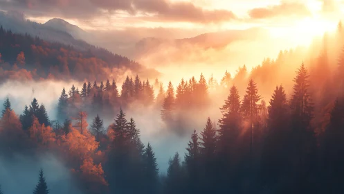 Autumn Forest Mountain Valley: Sunrise Mist Landscape Photography