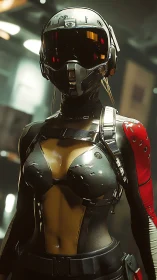 Futuristic female soldier wears reflective combat exosuit