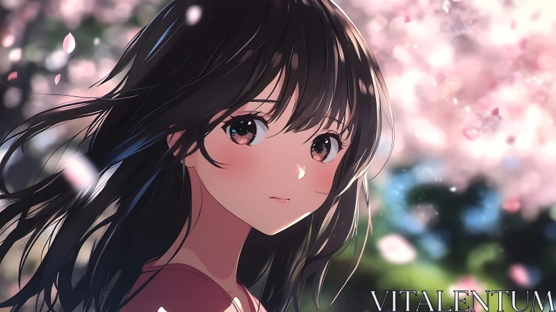 Warm springtime gaze beneath soft drifting blossoms.