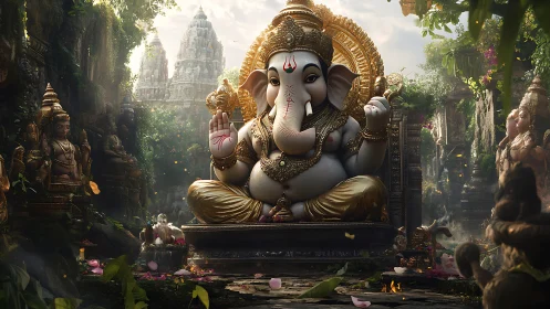 Ganesha deity statue in lush ancient temple courtyard.