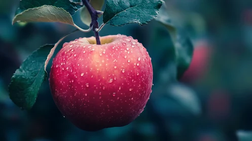 Ripe red apple on branch with water droplets in orchard.