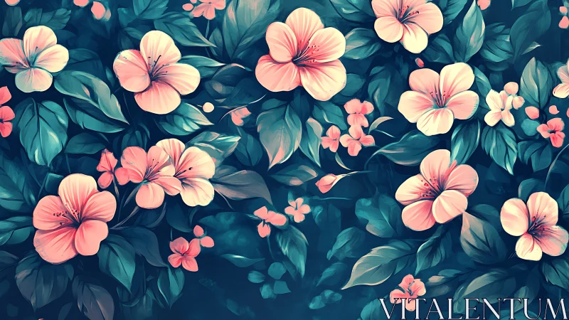 Botanical illustration with pink and cream flowers on dark teal foliage.