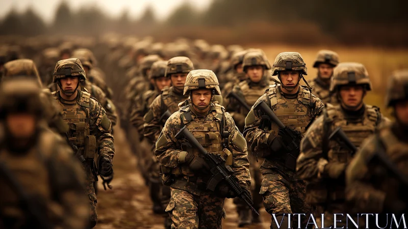 Marching soldiers carve a river of resolve through morning haze