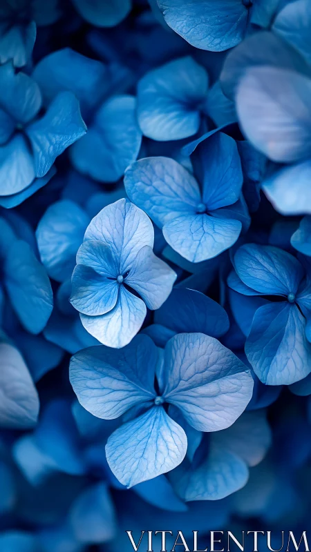 Blue hydrangea flowers photographed in close detail.