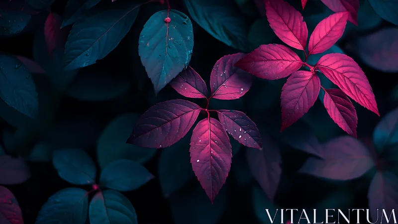 Neon pink leaves glow softly against deep teal forest shadows