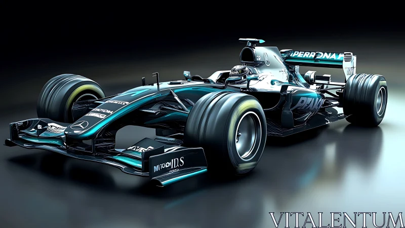 Modern Formula race car render on reflective dark surface.