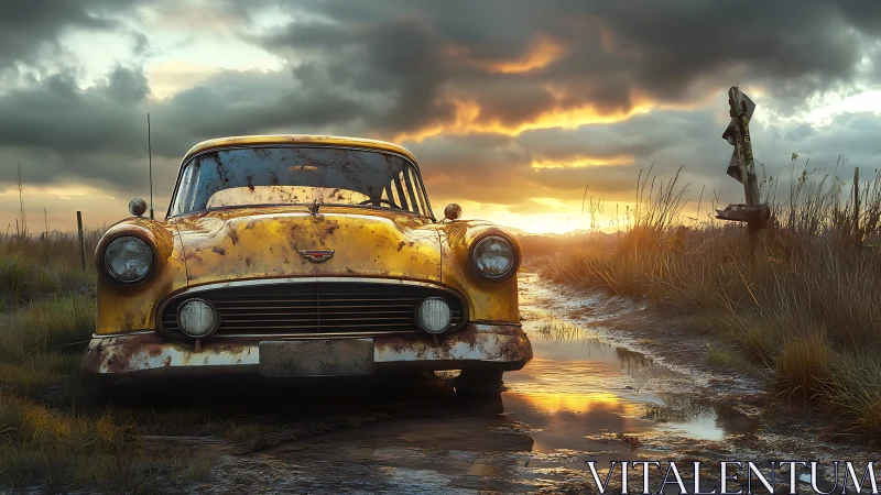 Rust-gilded yellow classic car dreaming in a sunset marsh.