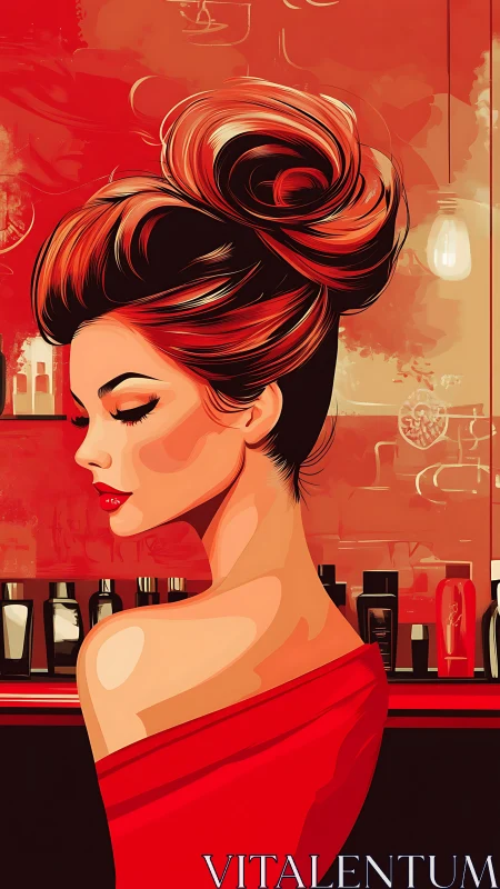 Elegance in red tones with a softly lit beauty bar backdrop.