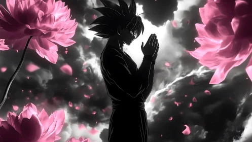 Silhouetted anime warrior meditates amid luminous lotus blooms