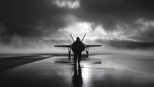 Cinematic black and white runway scene with fighter silhouette.