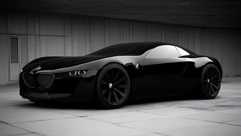 Black BMW concept coupe under minimal modern overhang.