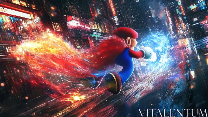 Pixel hero racing fire and ice through neon rainstorm streets.