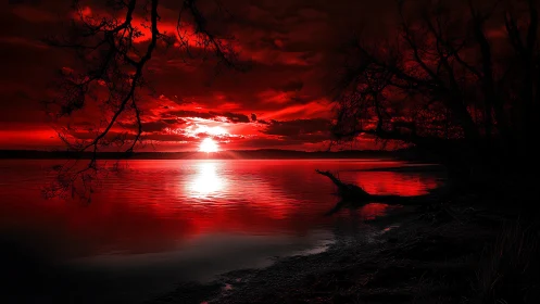 Cinematic red sunset shoreline with high-contrast silhouettes.