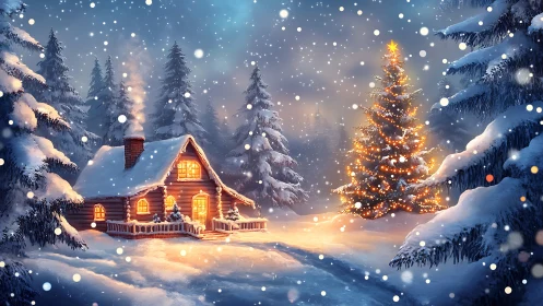 Snowy forest cabin glows beside a sparkling Christmas tree