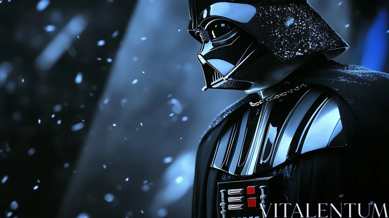 Armored dark figure stands in snow under cold blue light