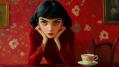 Pensive woman in red caf&eacute; interior holds an intense steady gaze