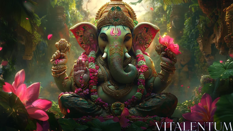 Elephant-headed deity statue in lush floral jungle setting.