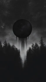 Midnight void eclipsing pines beneath a dripping cosmos.