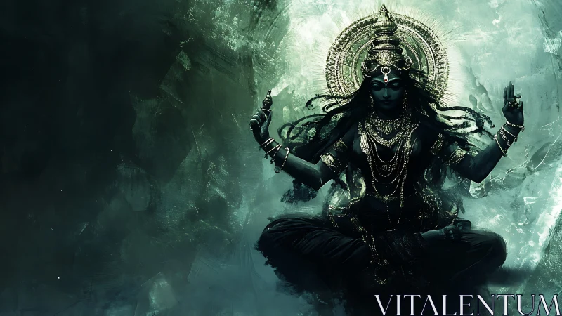 Dark multi-armed deity figure in meditative seated pose.