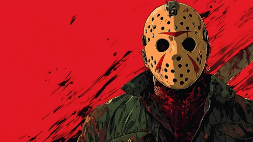 Hockey mask killer portrait on bold red splattered background.