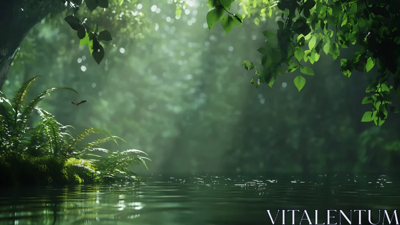 Misty Forest Stream. Lush Foliage Frames Serene Waterscape.