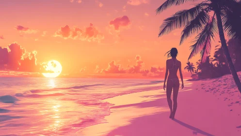 Sunlit shoreline frames a lone figure in pastel twilight calm.