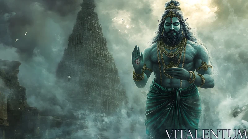 Colossal teal deity materializes before shrouded stone temple in mist