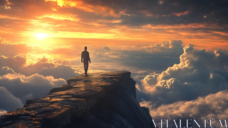 Solitary human silhouette on stratified cloudside escarpment.